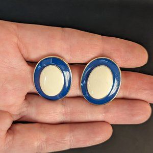 Vintage Trifari Navy Blue and Cream Oval Gold Tone Post Earrings